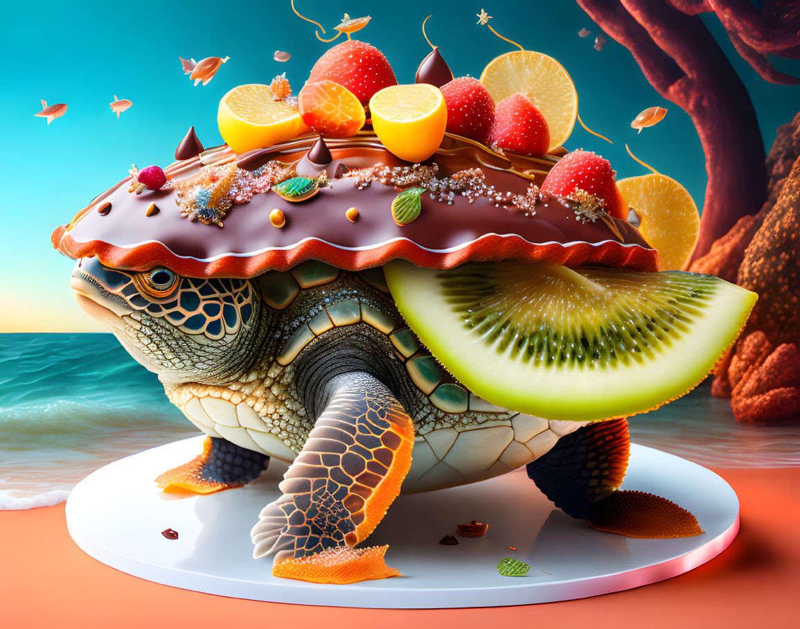 Whimsical turtle with chocolate dessert shell and fruits by the sea