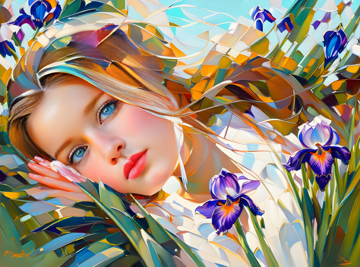 Colorful Painting of Young Woman with Blue Eyes and Flowers