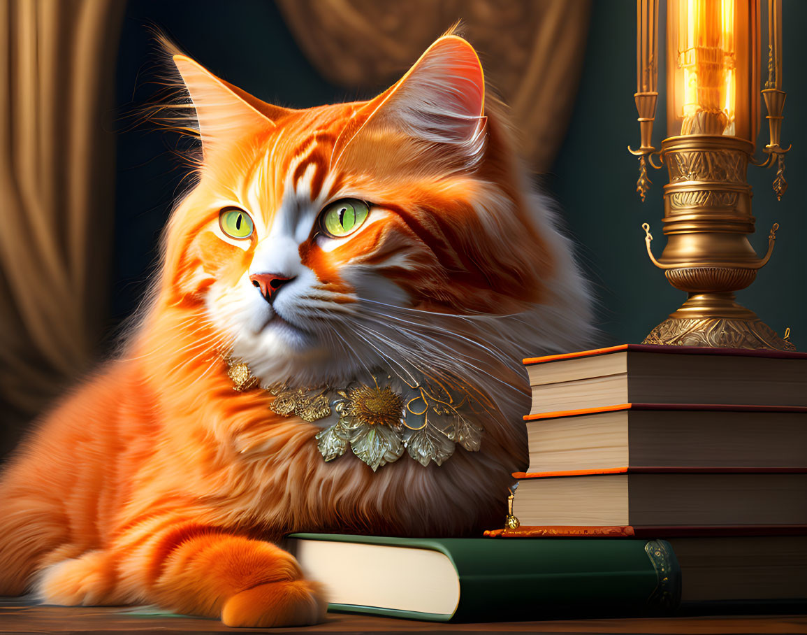 Orange Tabby Cat with Green Eyes Wearing Gold Jewelry Beside Books and Lamp