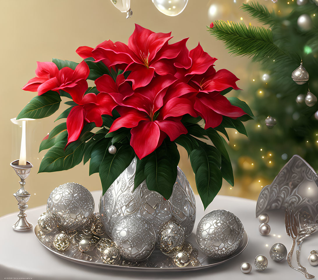 Festive poinsettia display with silver ornaments and candlesticks beside a Christmas tree.