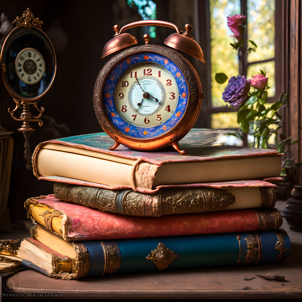 Vintage alarm clock on antique books near window with rose and mirror.