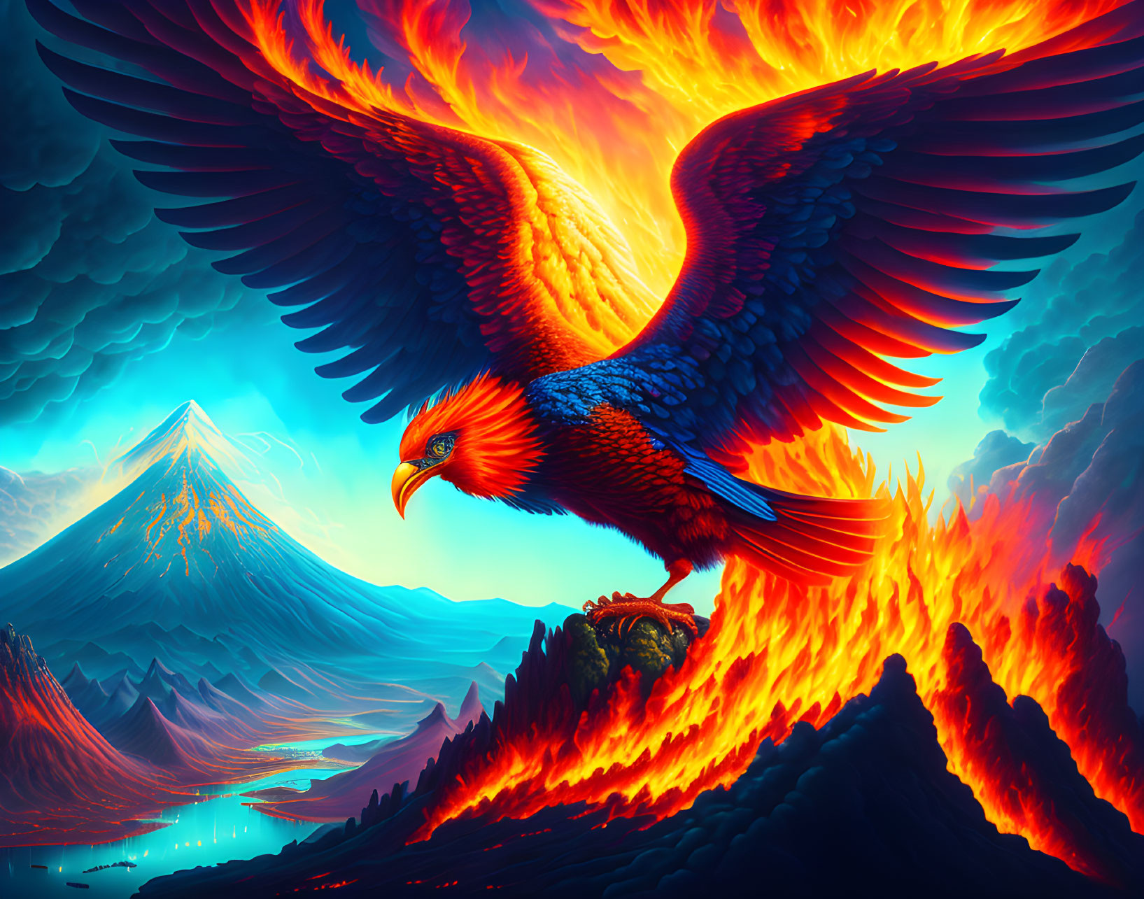 Phoenix flying over volcanic landscape with lava and river.