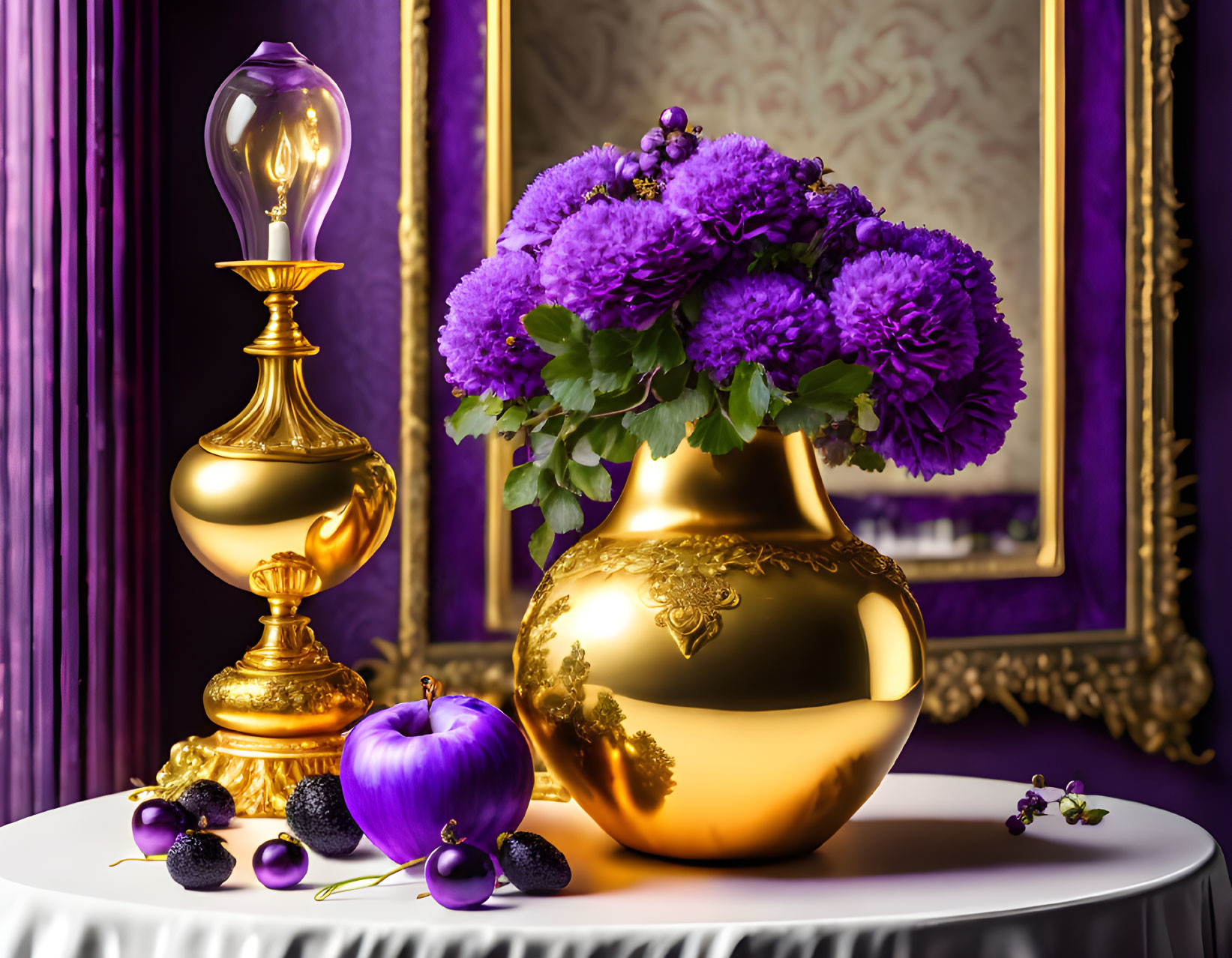 Golden vase with purple flowers, berries, and apple on table against luxurious backdrop