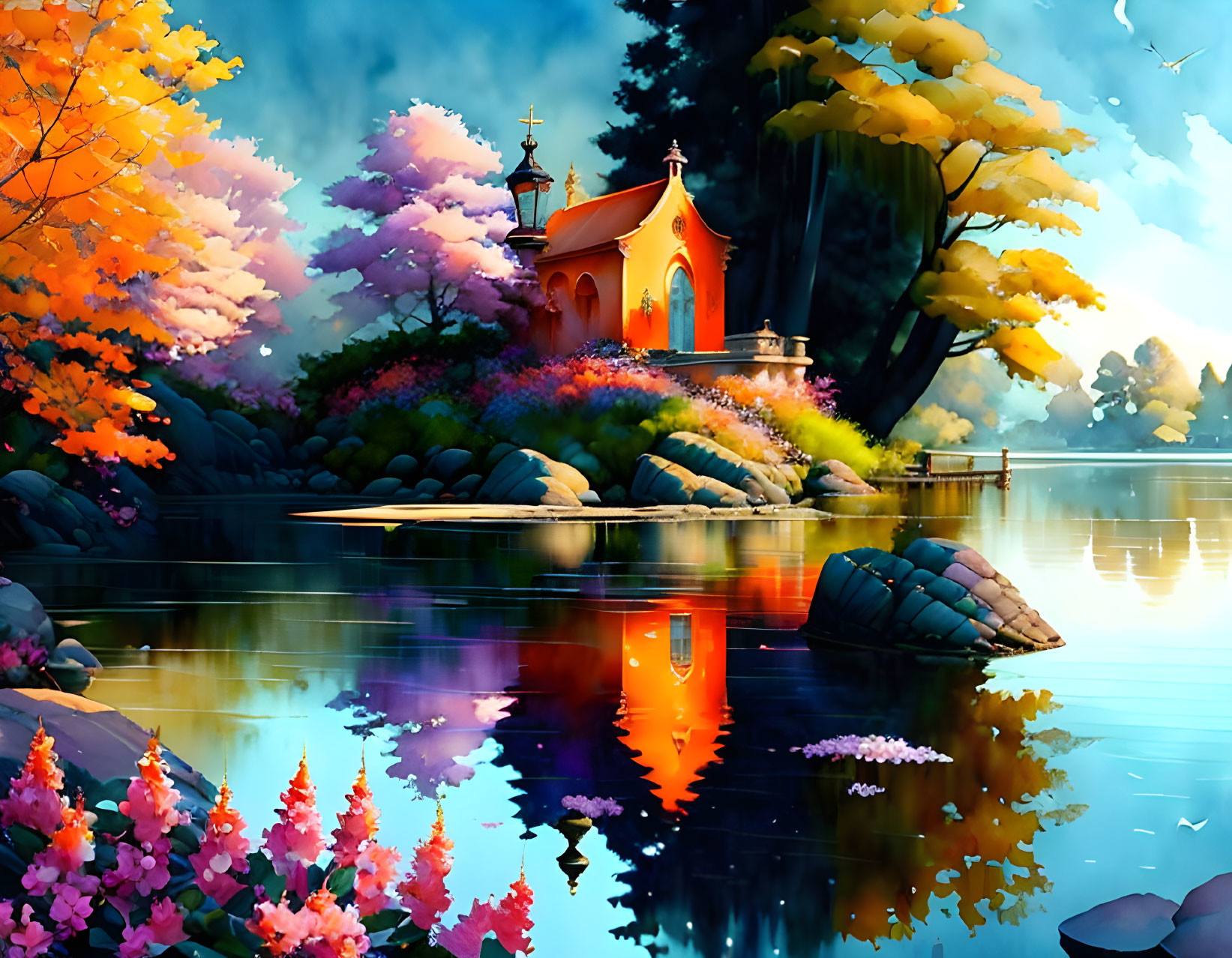 Colorful landscape: Serene lake, orange-roofed chapel reflection, lush foliage