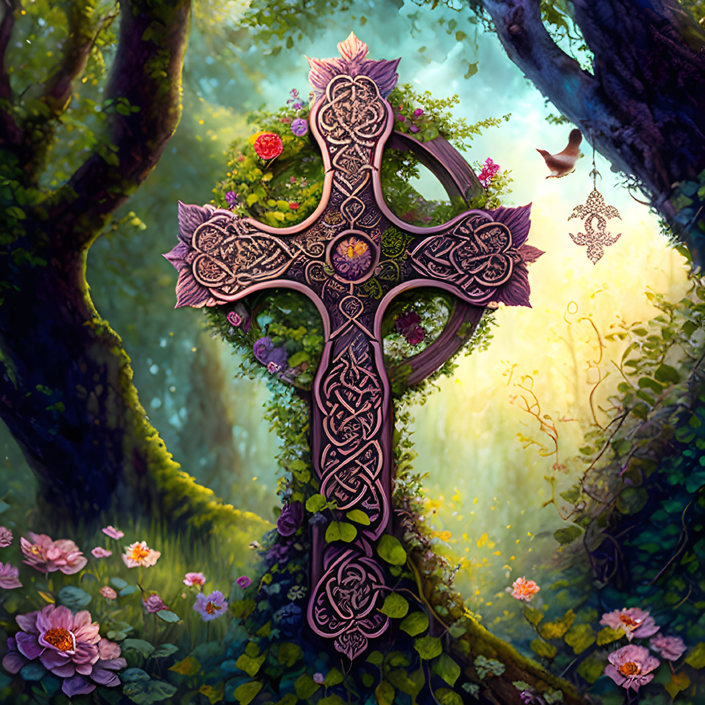 Celtic cross in magical forest with blooming flowers