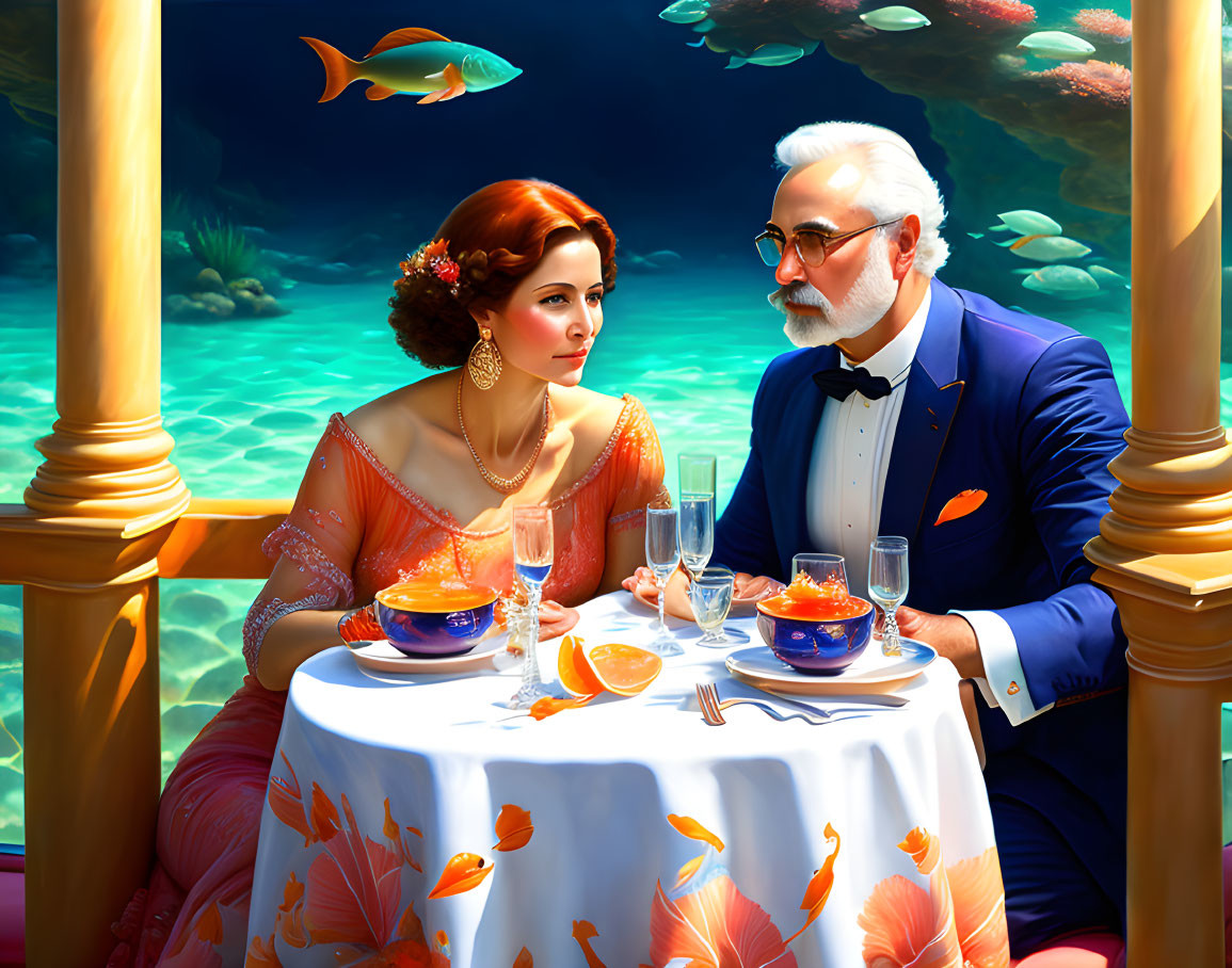 Elegantly dressed couple dining underwater with fish, coral, and pillars.