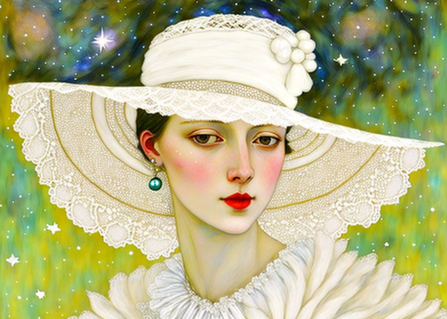 Portrait of woman with pale skin and red cheeks in white laced hat against starry backdrop