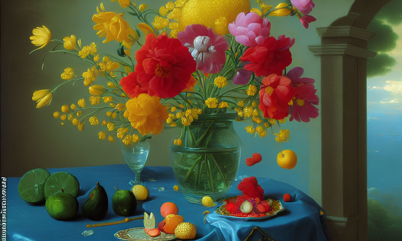 Colorful Flower Bouquet and Fresh Fruits Still Life on Table Against Cloudy Sky