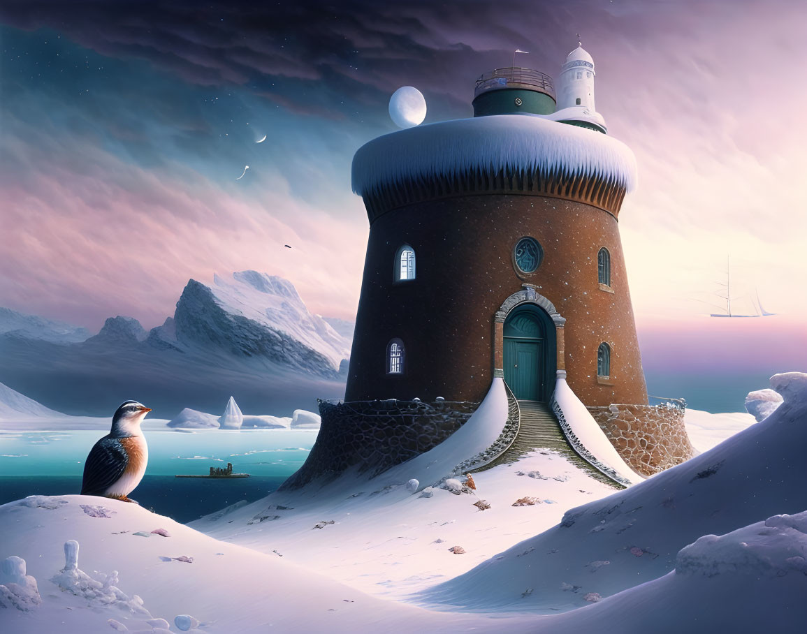 Winter Scene with Penguin, Castle-like Building, Icebergs, Ship, and Crescent Moon