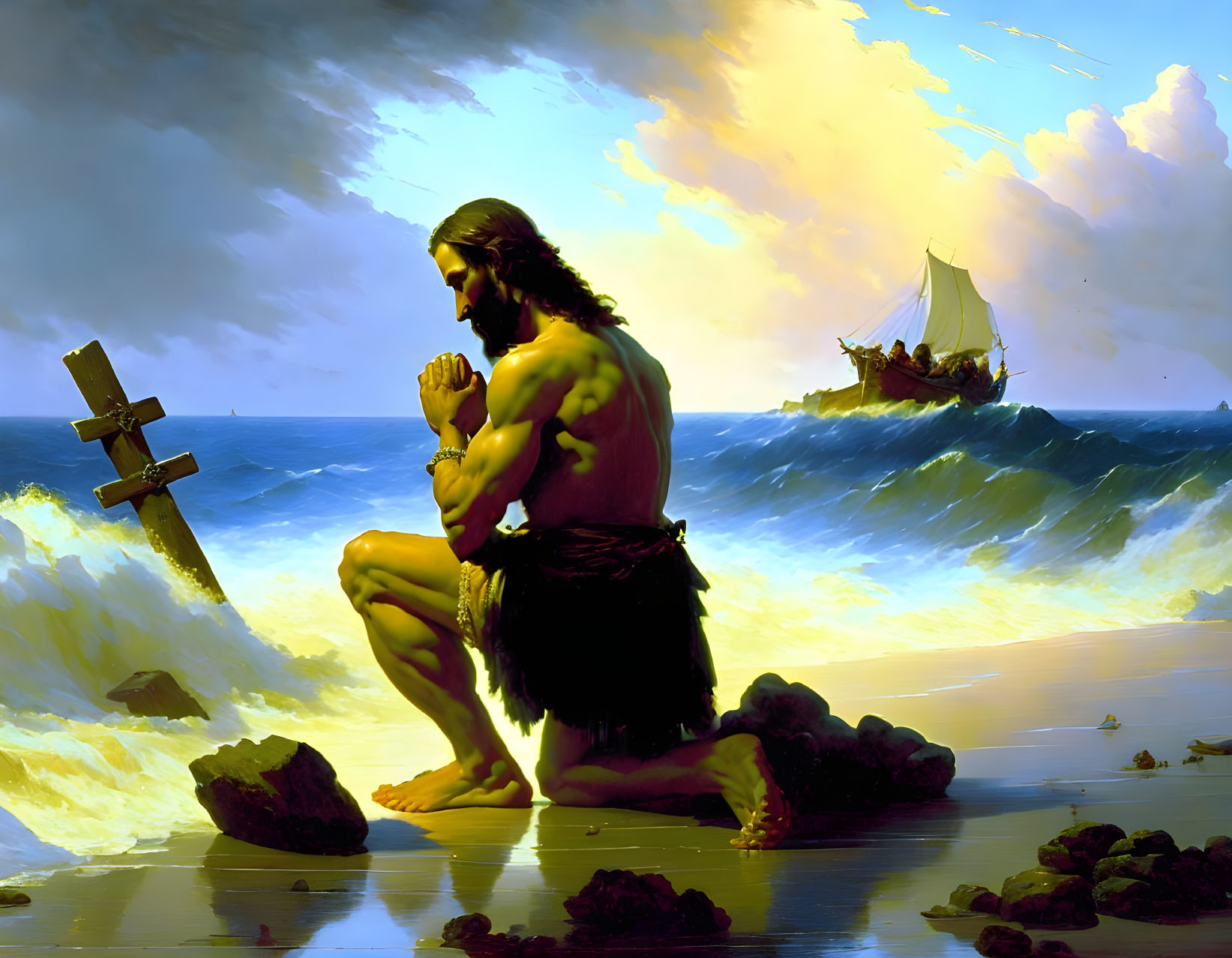 Muscular man praying on rocky shore with cross and sailing ship in dramatic sky