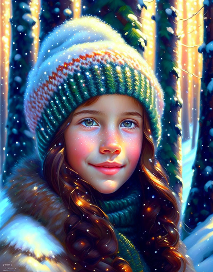 Young girl in colorful hat and fur coat in snowy forest.