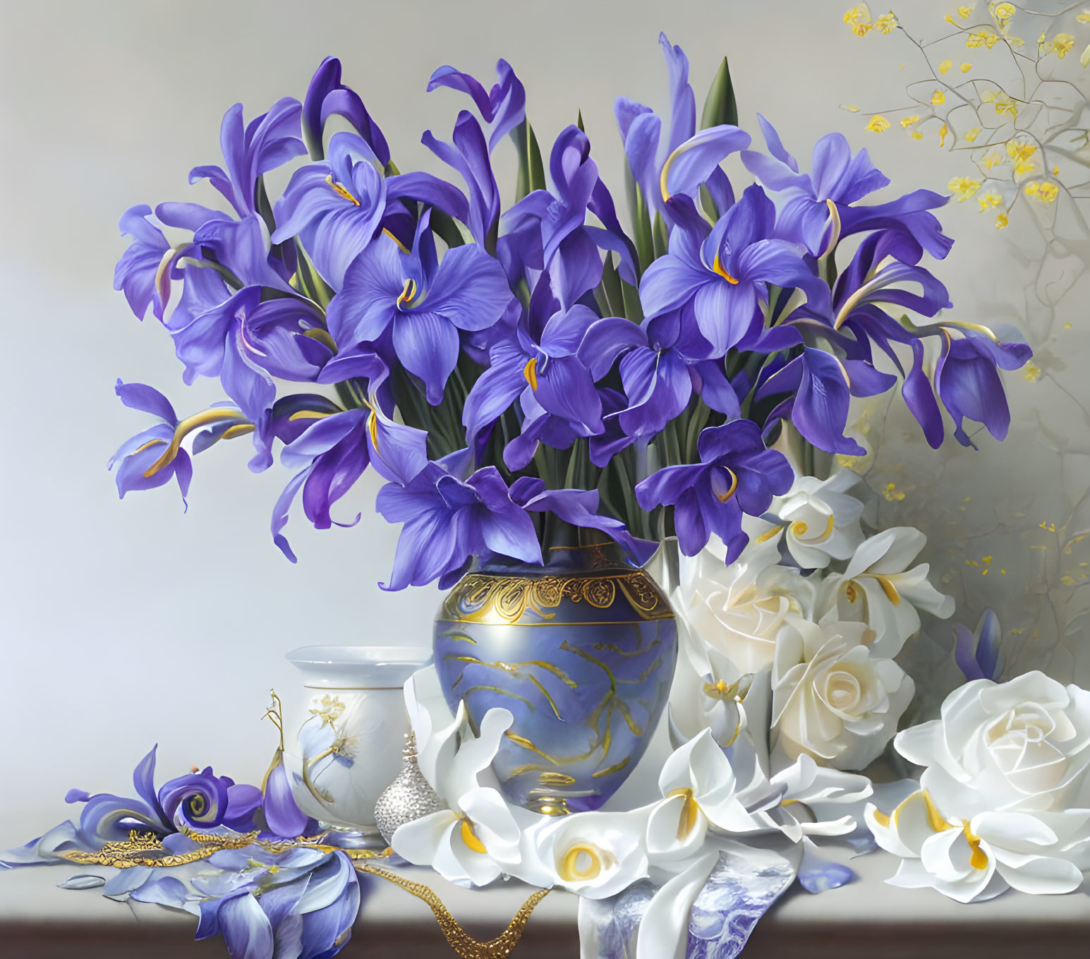 Vibrant purple irises with white orchids, jewelry, and floral teacups on light