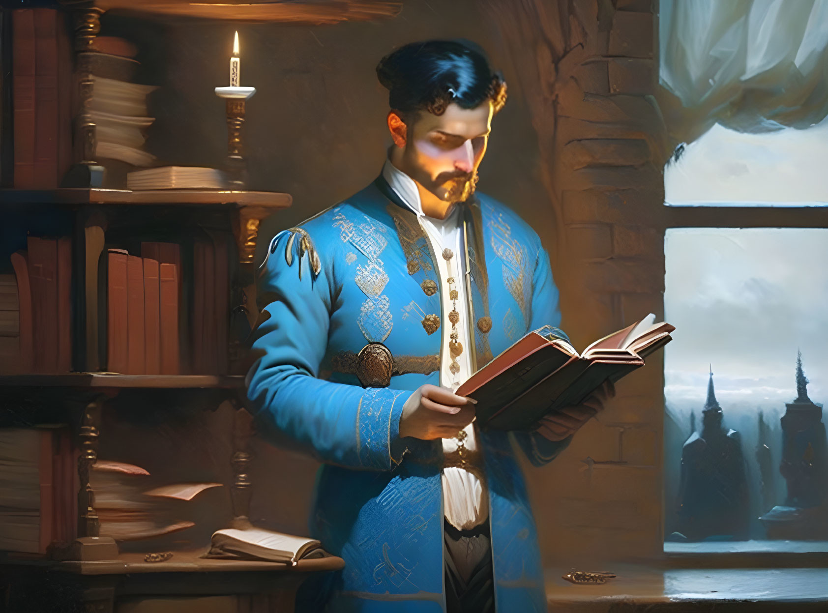 Man in Blue Ornate Uniform Reading Book in Dimly Lit Study