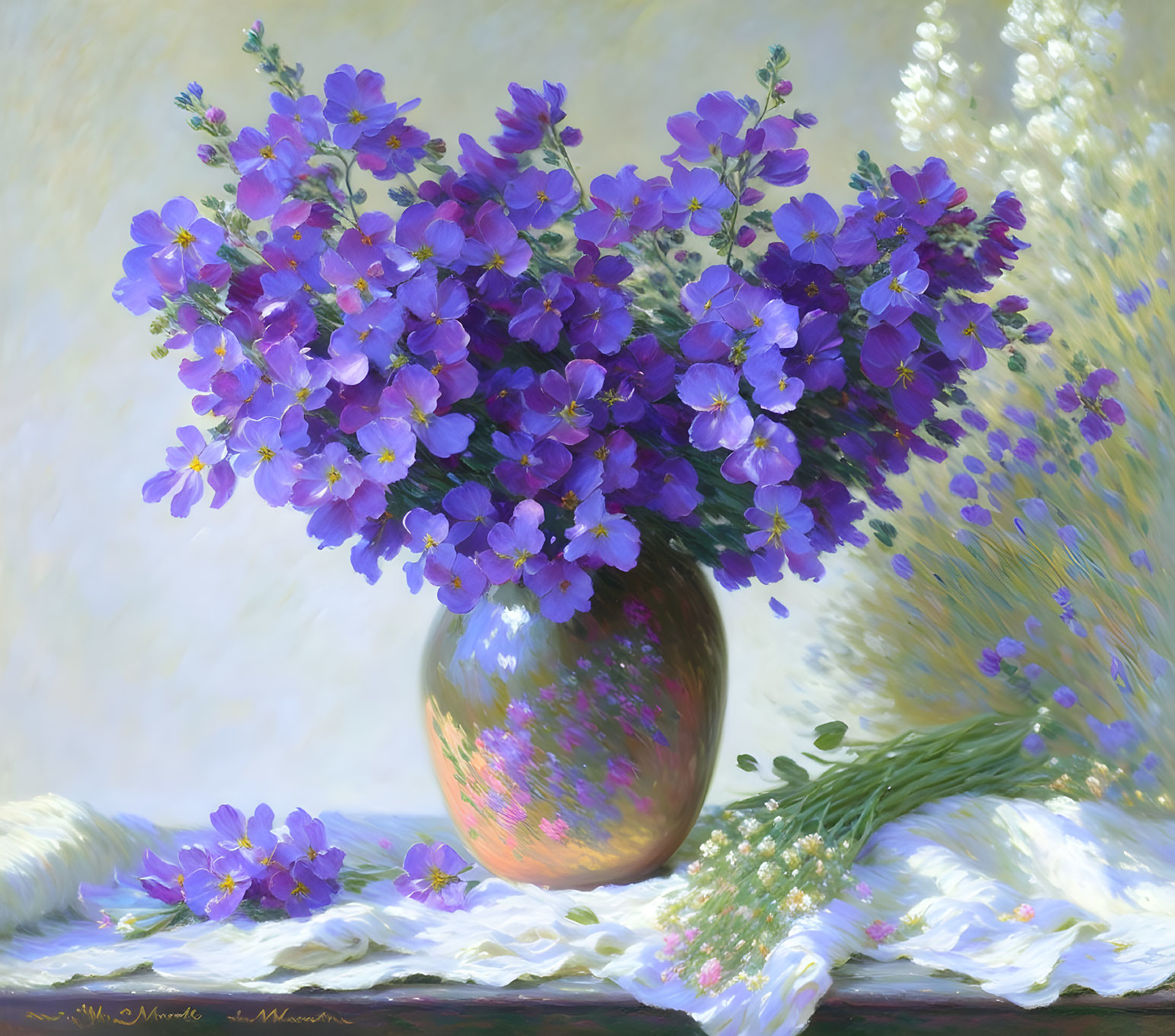 Colorful painting: Purple flower bouquet in reflective vase on white cloth