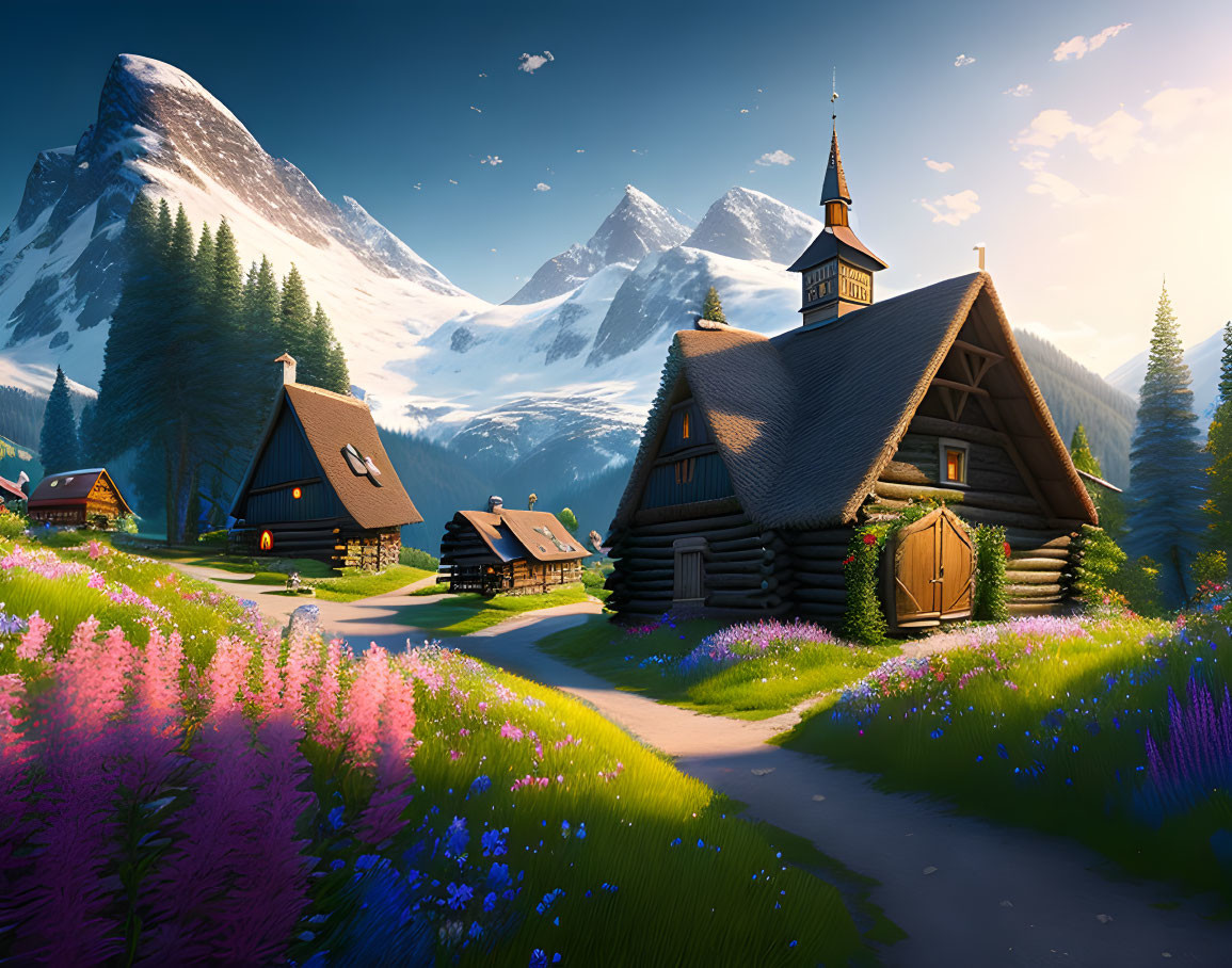 Scenic village with log cabins, church, wildflowers, mountains.