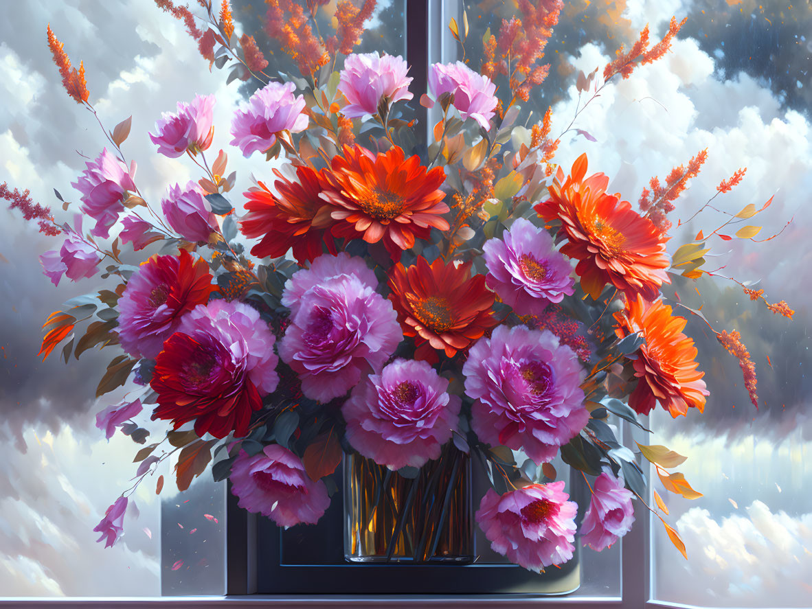 Colorful Flower Bouquet on Windowsill with Cloudy Sky Background