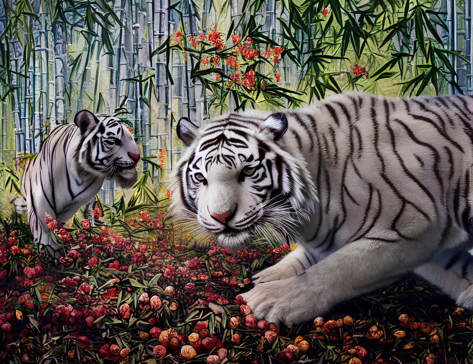 Two White Tigers in Vibrant Jungle with Bamboo and Blooming Flowers