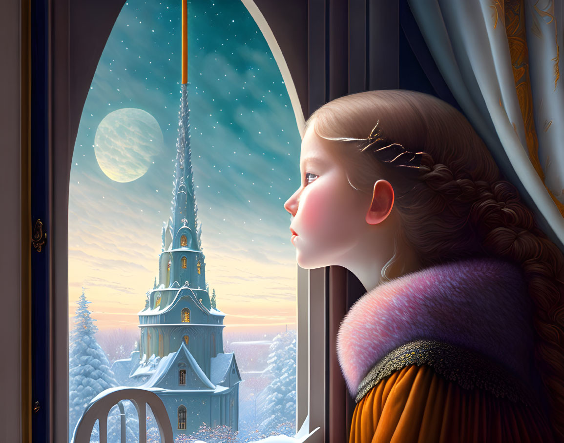 Braided hairstyle girl gazes at snowy landscape with tower under full moon