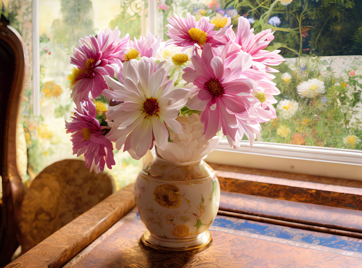 Pink and White Daisies Bouquet in Ornate Vase on Wooden Table