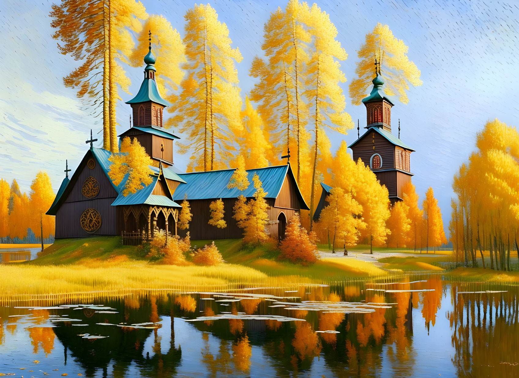 Autumn landscape: wooden church, golden trees, calm lake.