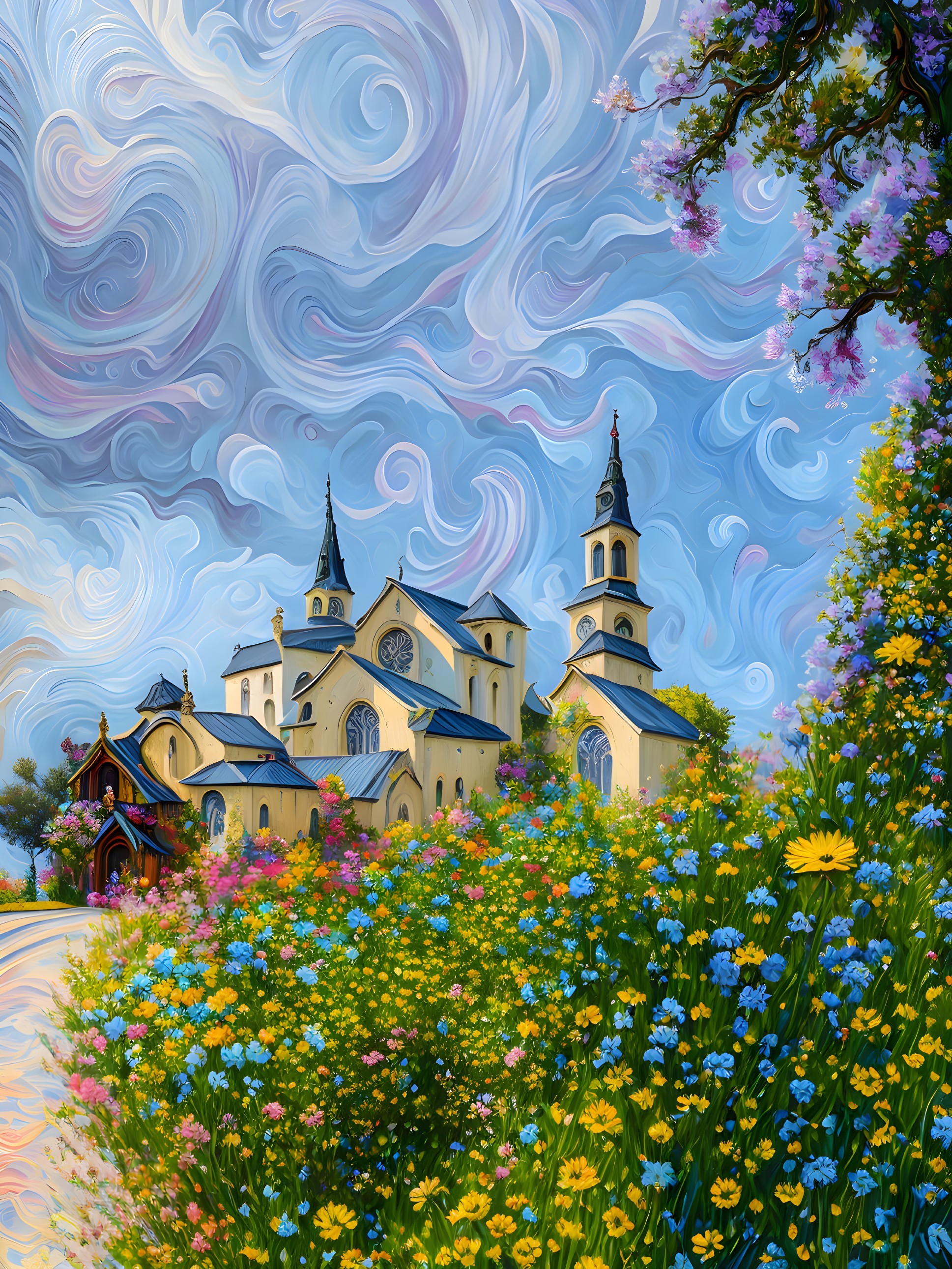 Colorful painting of church in flower field under Van Gogh-style sky