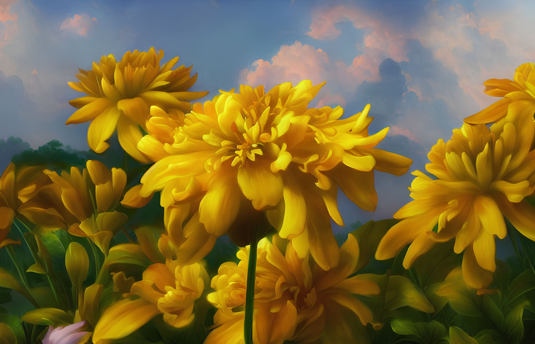 Bright Yellow Flowers Blooming Under Blue Skies