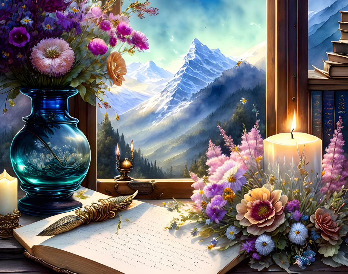 Tranquil open book and quill with candles, flowers, and mountain view.