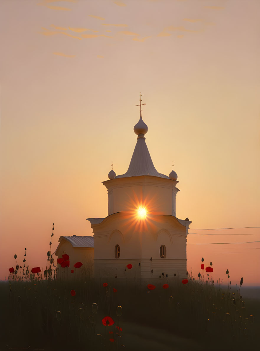 Tranquil sunset over white Orthodox church with golden cupola, poppy field