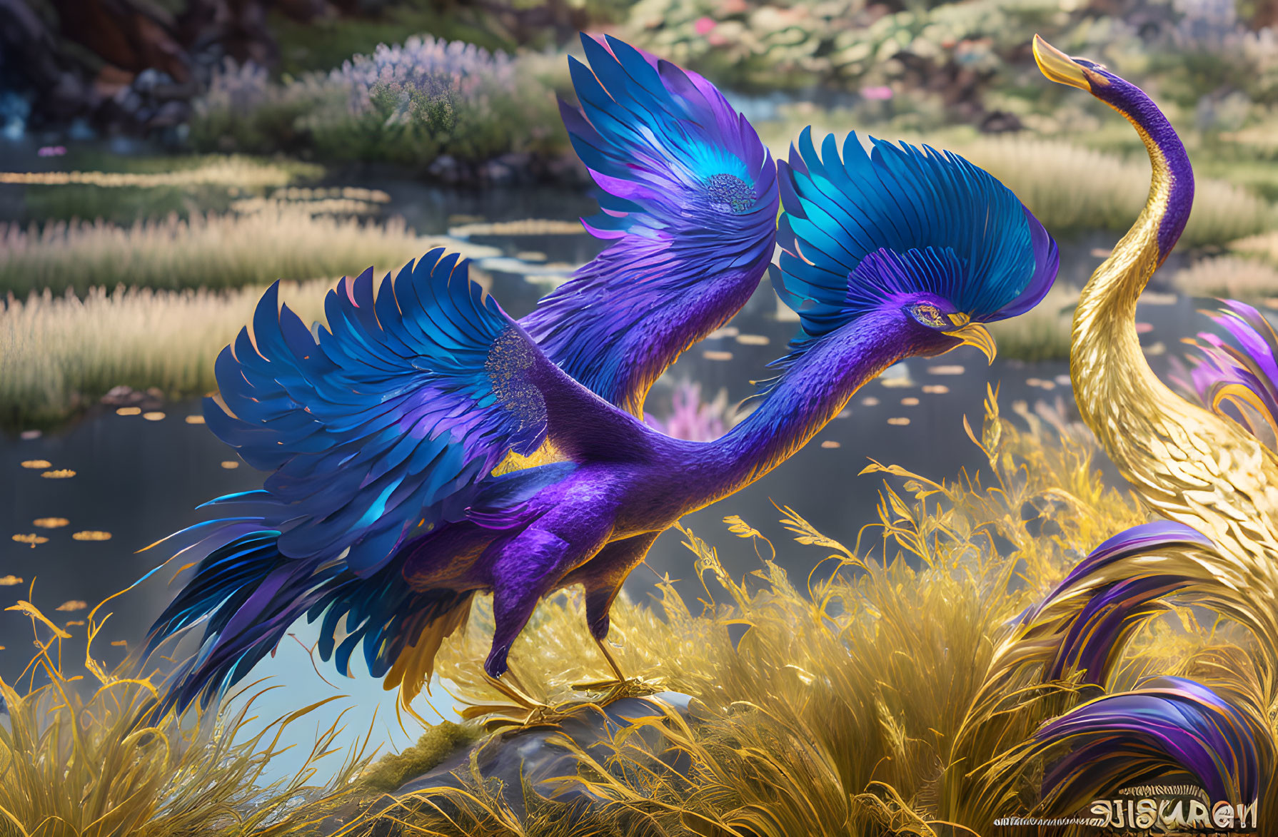 Colorful mythical bird in vibrant purple and blue plumage in nature scene