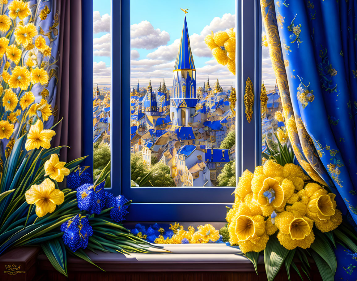 Fantastical blue castle view through window with yellow buildings and lush curtains.