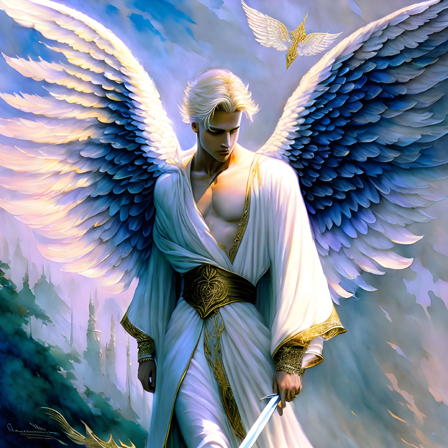 Angel with white wings and sword in white robe against blue sky