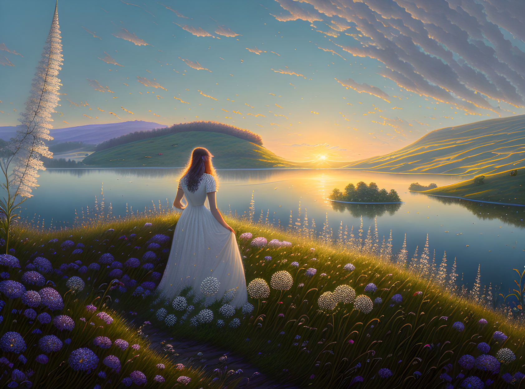 Woman in white dress in vibrant meadow with lake view at sunset