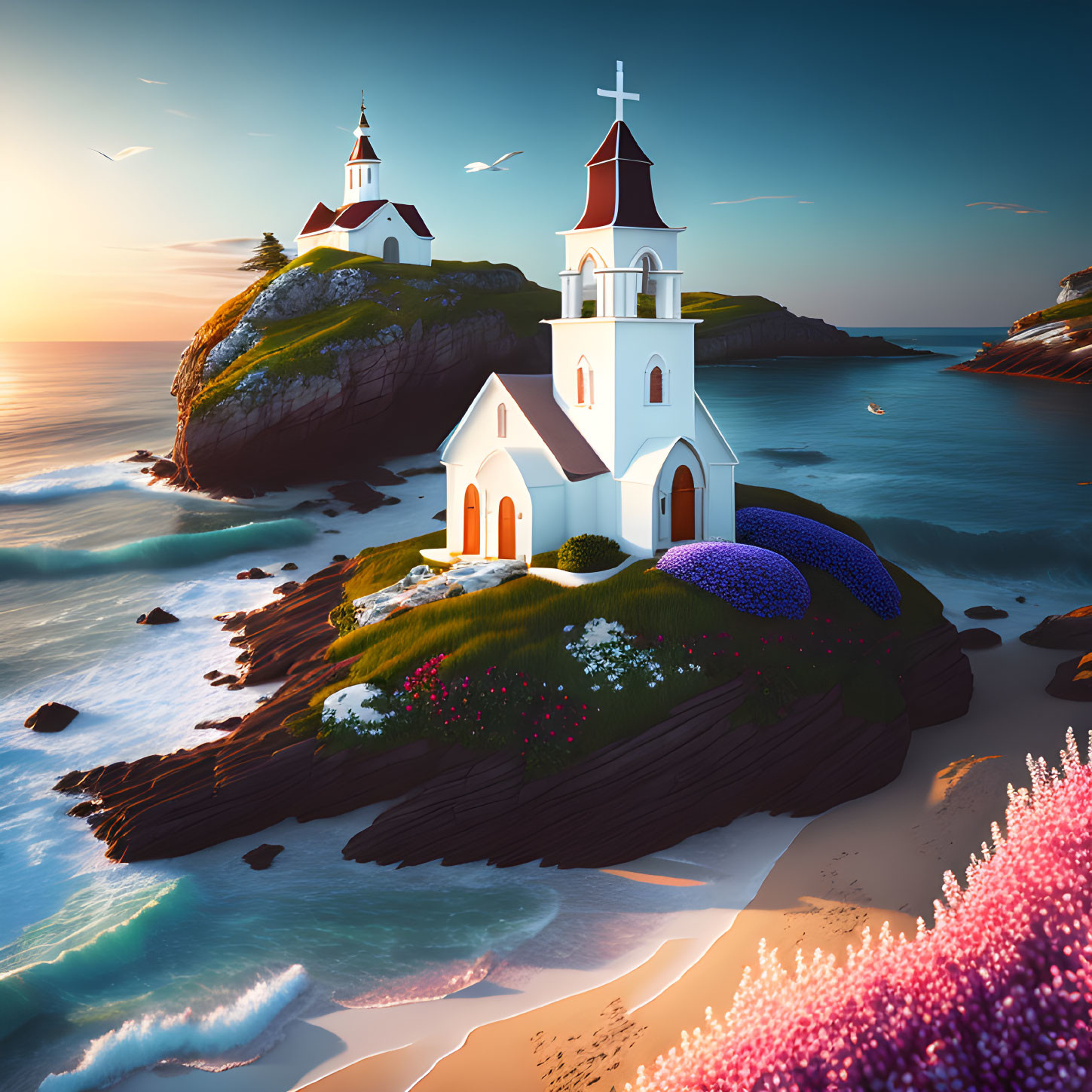 Serene coastal cliff with two white churches and blooming flowers