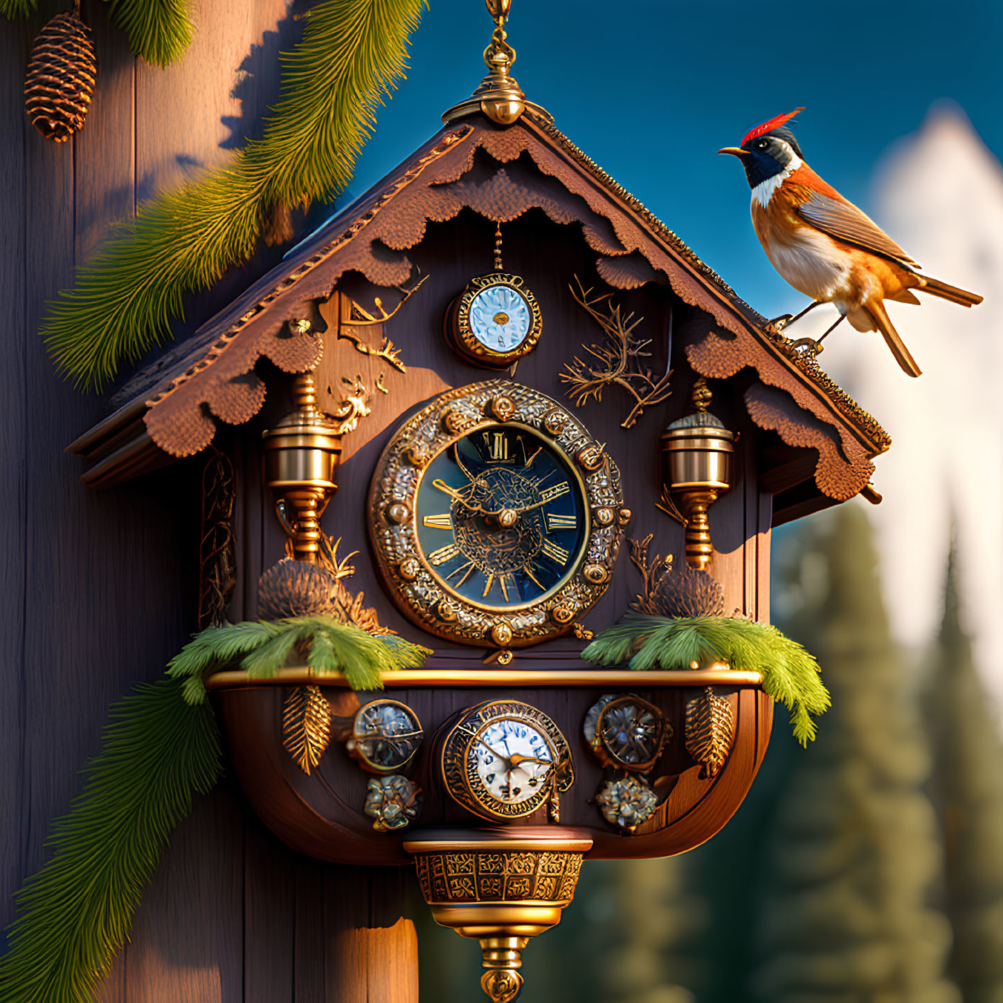 Intricate Cuckoo Clock with Bird, Mountains & Evergreens
