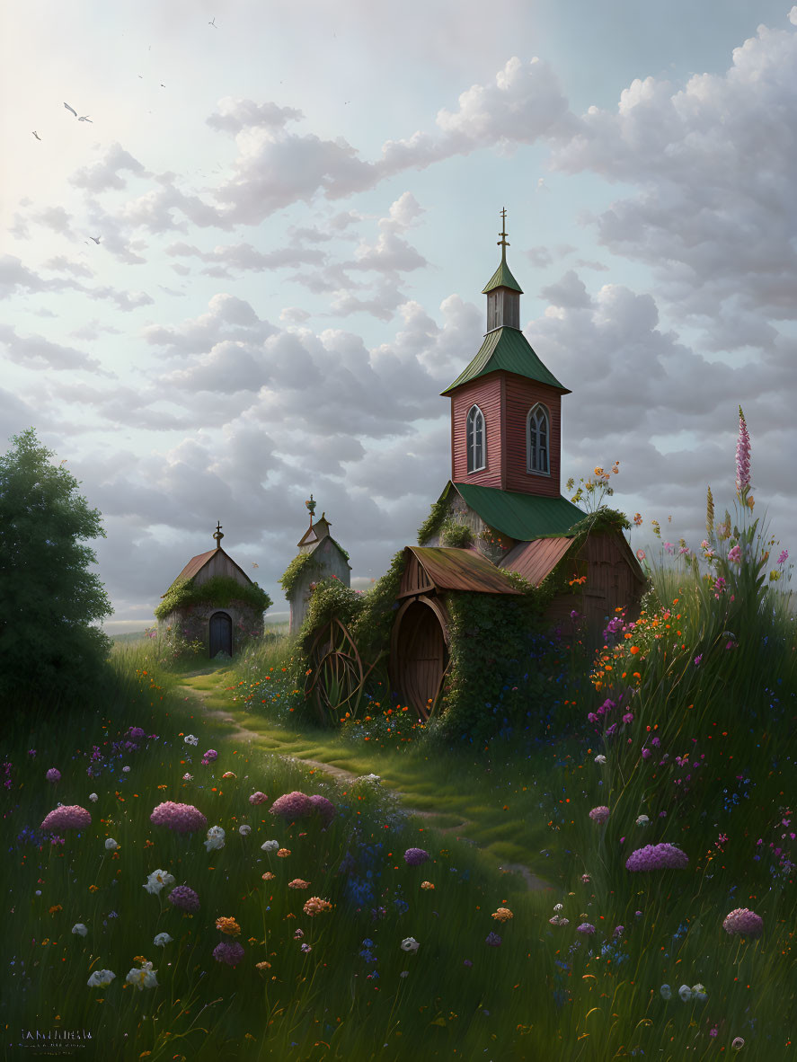 Tranquil meadow with wildflowers, wooden church, green roof, and birds