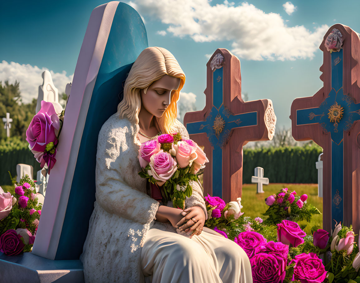 Woman statue with roses, crosses, and flowers in serene cemetery scene