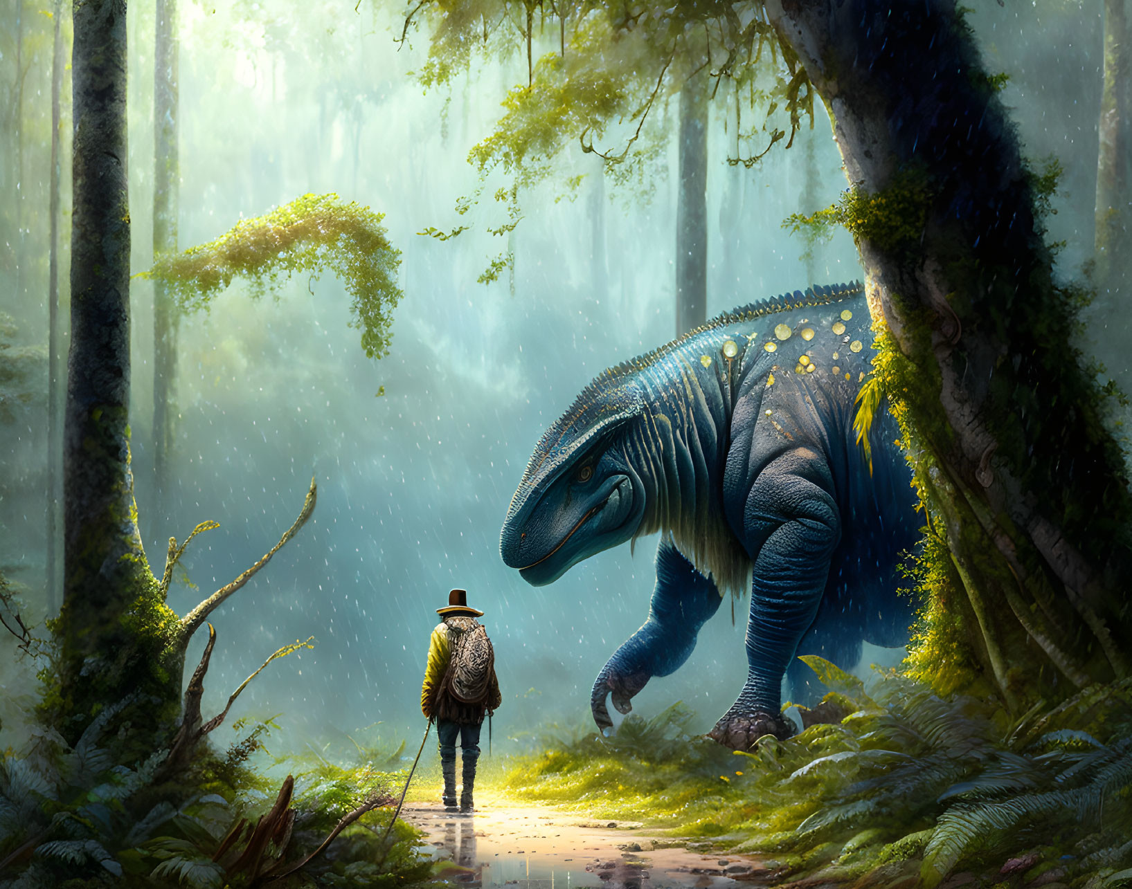 Person standing in lush forest with blue dinosaur under ethereal light.