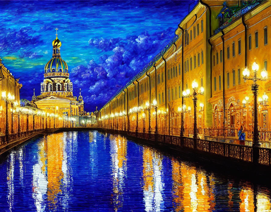 Vibrant canal scene with illuminated street lamps and grand cathedral at night