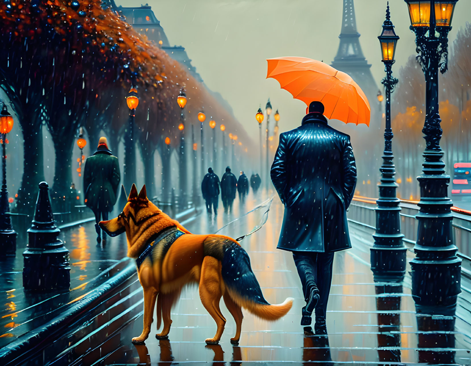 Person walking dog with orange umbrella in rainy Paris street, Eiffel Tower background