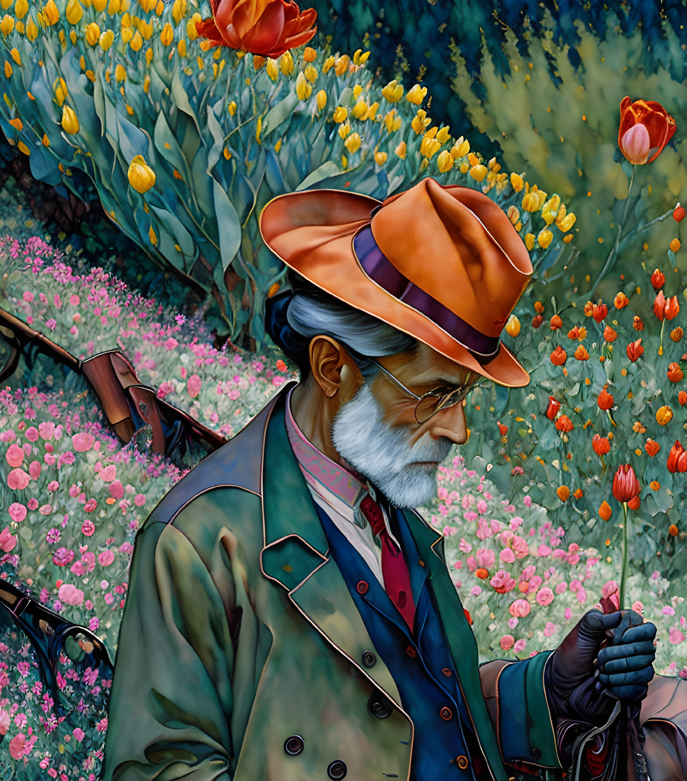 Elegantly dressed man painting in vibrant flower garden