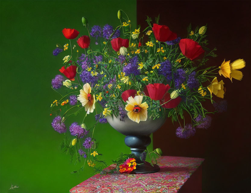 Colorful Still Life Painting: Red Poppies, Yellow & Purple Flowers in Ornate Vase