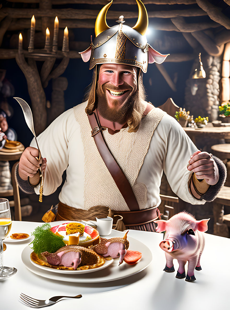 Smiling Viking at feast table with roasted pig, live piglet, tavern setting