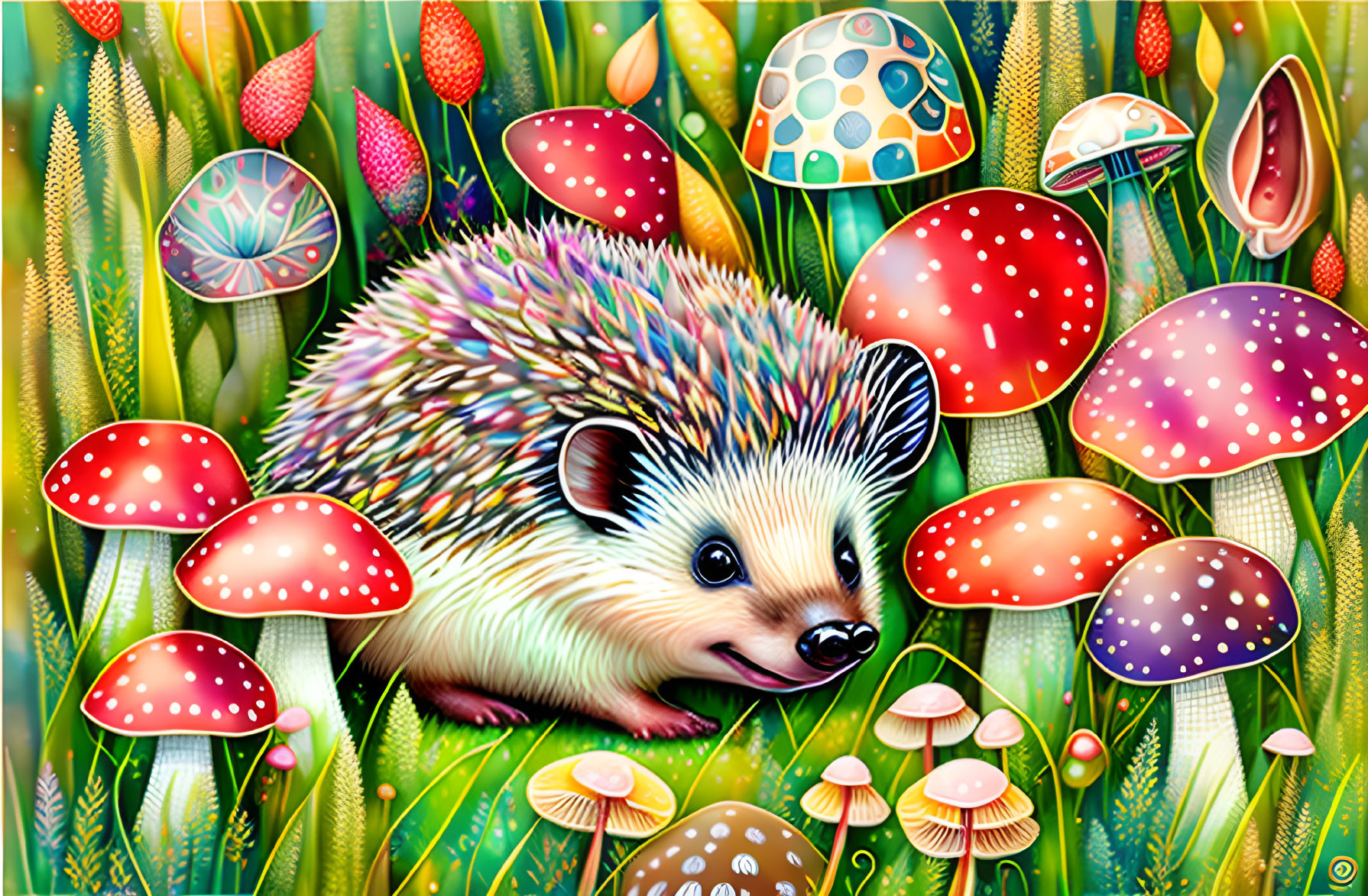 Smiling hedgehog with vibrant mushrooms and greenery