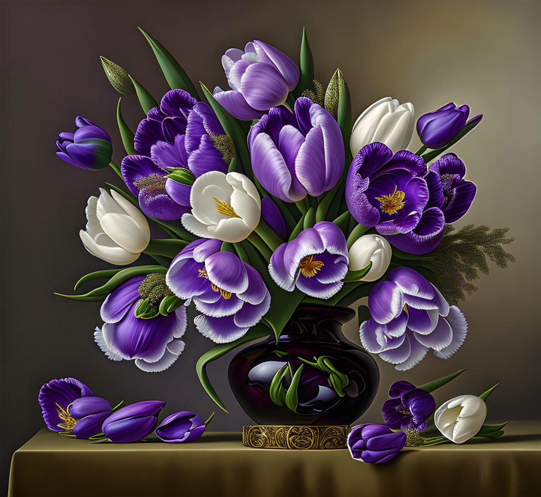 Purple and White Tulip Bouquet in Black Vase with Green Foliage