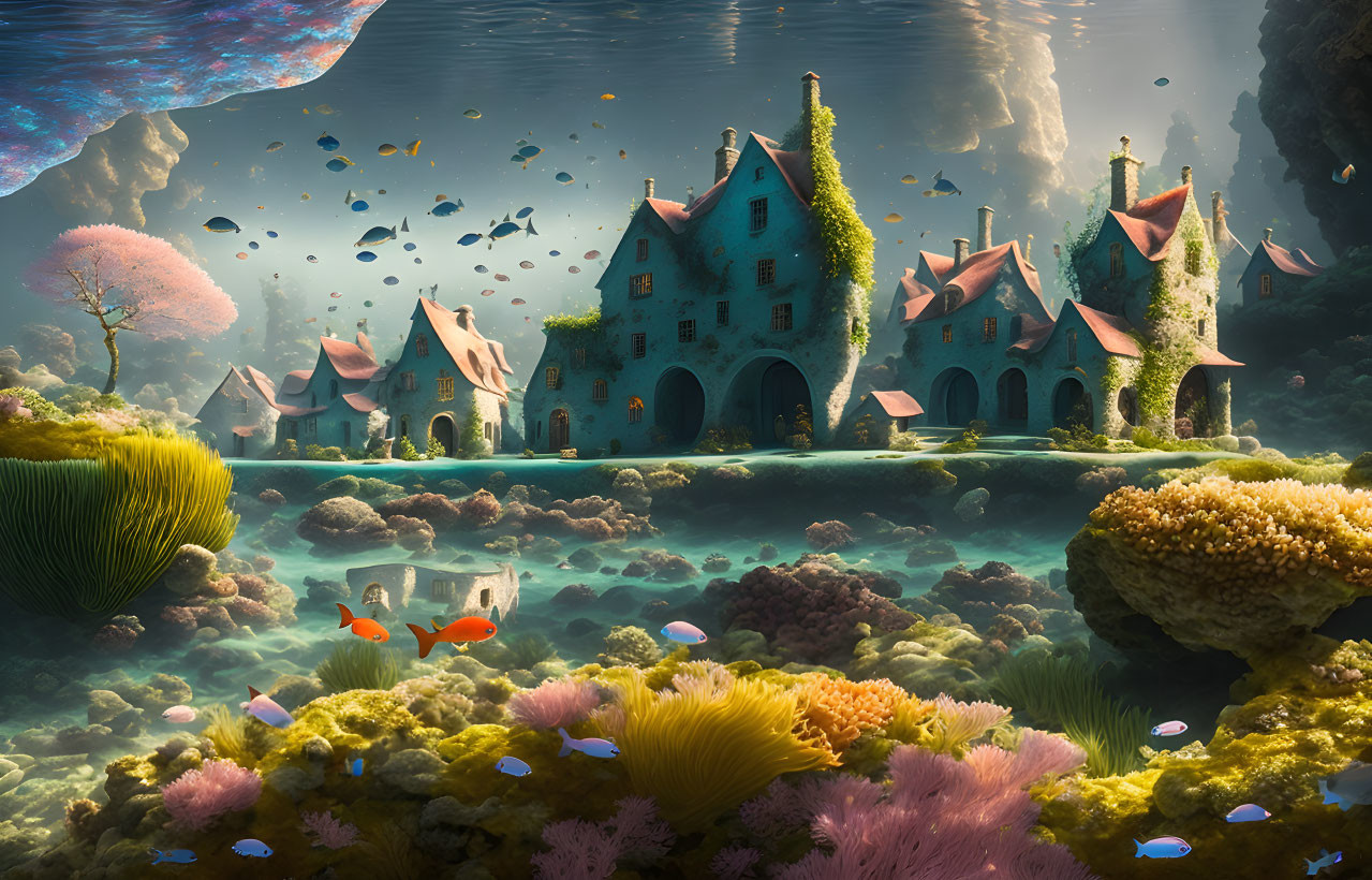 Underwater Scene with Stone Houses, Coral, Fish, and Light Rays