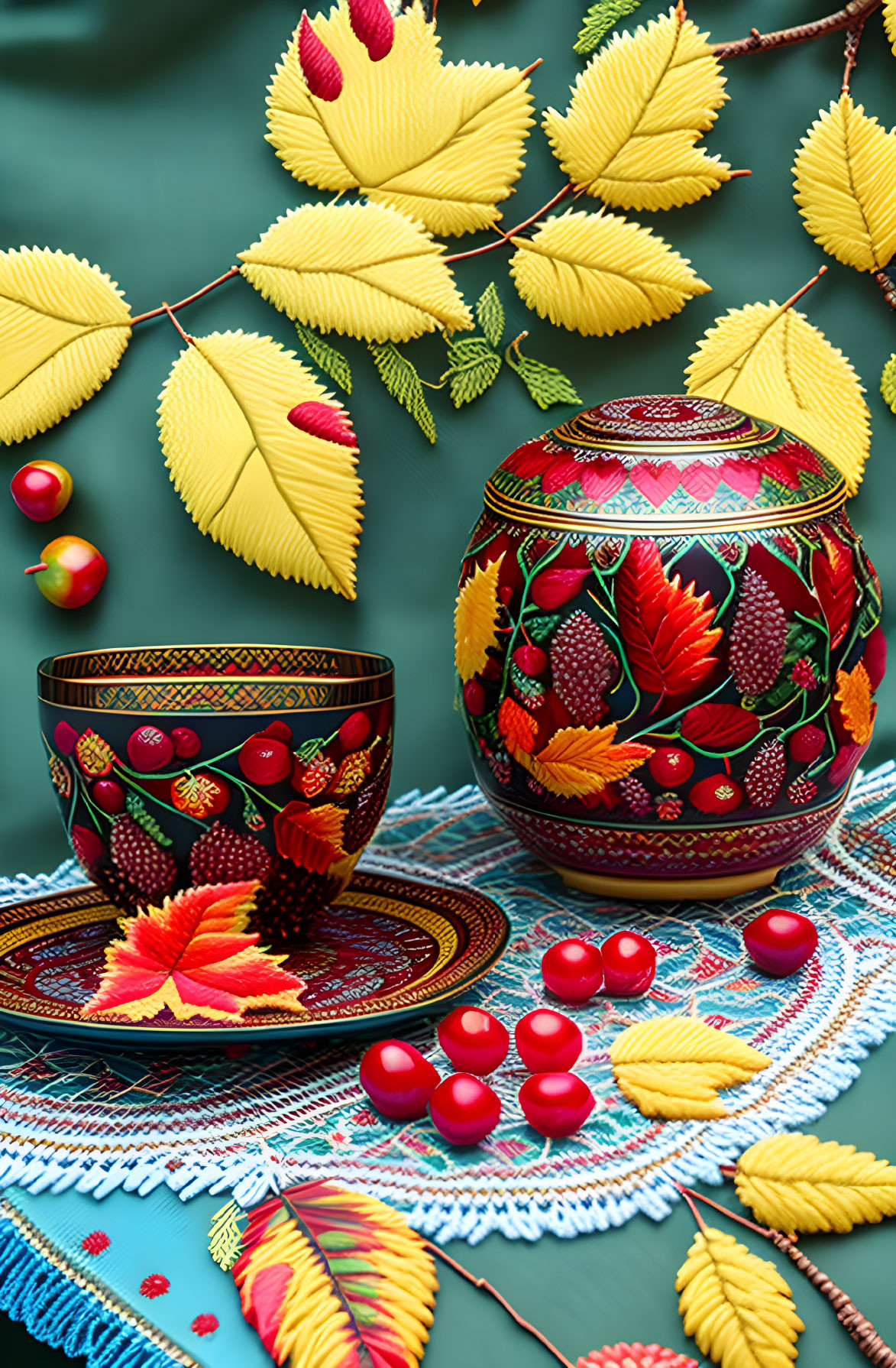 Russian Khokhloma Painted Tableware with Autumn Theme