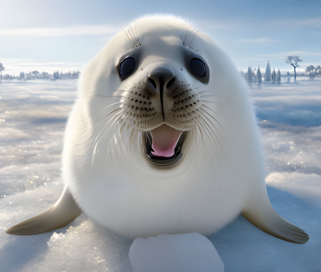 Cartoon-style seal pup on ice with snowy landscape and trees in background