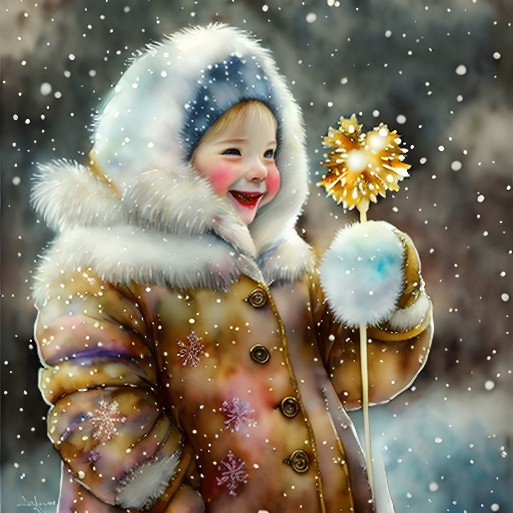 Child in winter coat with fur-trimmed hood holding sparkler in snowfall