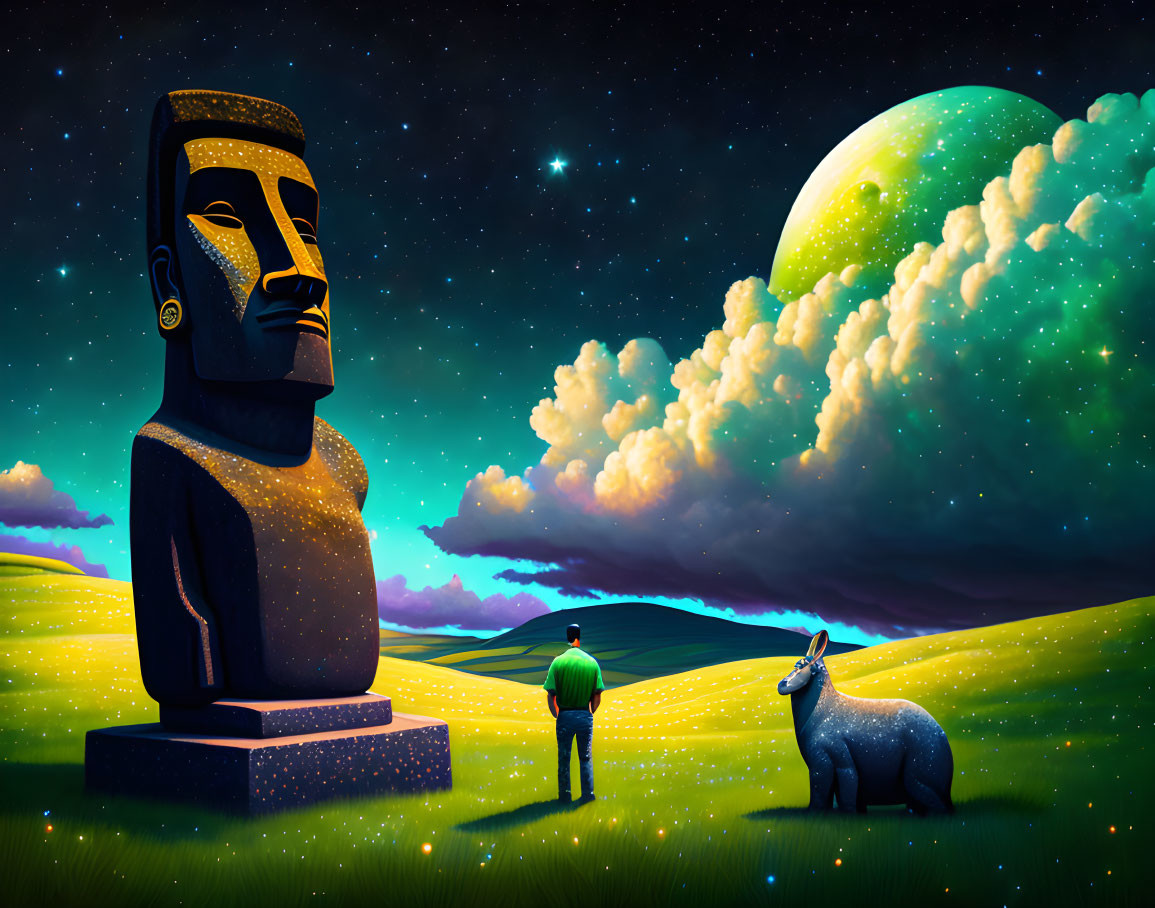 Person and llama on starlit hill with Moai statue and oversized moon