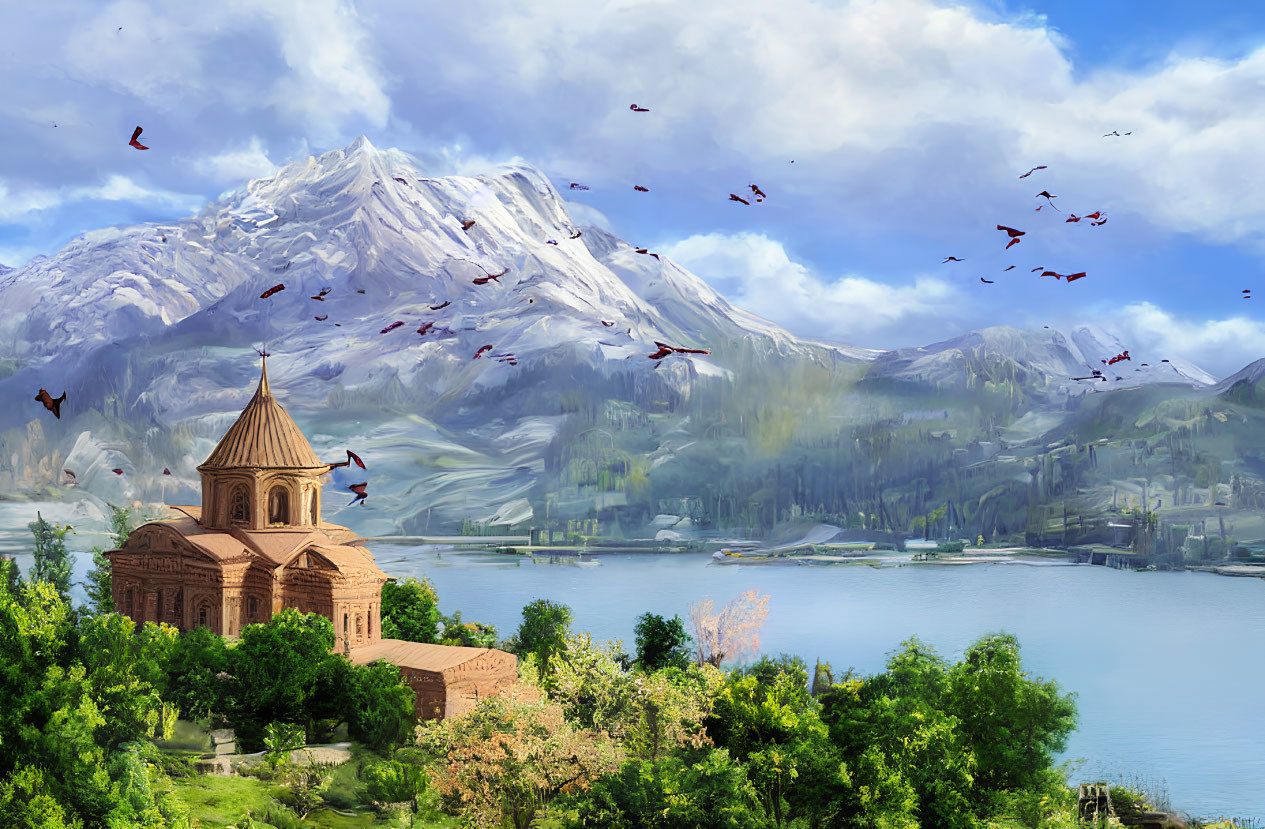 Historical stone church by lake with mountain and greenery